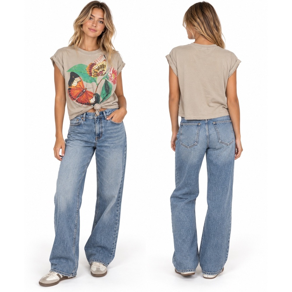 Daydreamer Free People M Tan Butterfly Graphic Knot Front Tee Boho Cottagecore